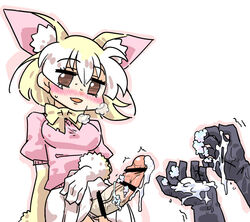 ambiguous_gender animal_ears blush bow bowtie cum cum_on_body cum_on_upper_body ejaculation fennec_(kemono_friends) fox_ears fur_collar futanari gloves heavy_breathing intersex kemono_friends multicolored_hair penis pink_sweater seki_(red_shine) skirt sweater white_skirt