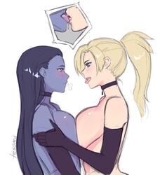 2girls blonde_hair blush breasts cleavage elbow_gloves female female_only femdom french_kiss gloves goth kissing mercy open_mouth overwatch pill tesomu tongue tongue_out widowmaker yuri