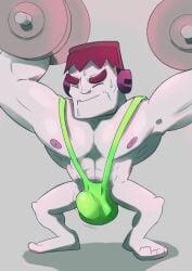 1boy abs accessory balls bara big_balls big_pecs big_penis brawl_stars dick frank_(brawl_stars) gay green_mankini hammer headphones jacket jacket_open large_penis long_penis looking_at_viewer male male_only mankini muscular muscular_male nipples pecs pectorals penis purple_background purple_body purple_hair scarf short_hair solo solo_male teeth thick_penis thick_thighs veiny_penis xd yaoi