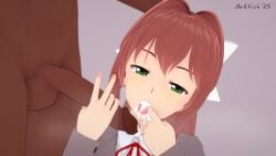 1boy 1girls 3d after_fellatio bow brown_hair cum cum_in_mouth cum_on_face cum_on_penis dark-skinned_male dark_penis dark_skin doki_doki_literature_club erection finger_in_mouth green_eyes hand_on_another's_head handjob hellfish interracial kneeling koikatsu looking_at_viewer monika_(doki_doki_literature_club) nude_male_clothed_female open_clothes open_jacket peace_sign penis school_uniform simple_background visible_breath