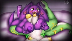 2018 4_toes animal_genitalia animal_penis anthro arbok areola barefoot bed big_breasts blush breast_grab breast_squish breasts claws cum cum_in_mouth cum_inside cum_on_breasts cum_on_penis cumshot digital_media_(artwork) diphallia diphallism duo e-01 ejaculation erection fangs feet fellatio female first_person_view futa_on_female futanari green_body green_scales hand_on_breast heart hemipenes hi_res humanoid_penis intersex intersex/female looking_at_viewer lying markings multi_penis nintendo nipples nude on_bed open_mouth oral orgasm paizuri penis pokémon_(species) pokemon purple_body purple_scales pussy reptile saliva sally_(e-01) scales scalie serperior sex smile snake_hood soles sweat teeth tina_(e-01) toe_claws toes tongue tongue_out video_games white_scales yellow_eyes yellow_nipples