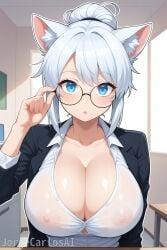 1girls 2:3 adjusting_glasses ai_generated animal_ear_fluff animal_ears areola areolae artist_name big_glasses blue_eyes blush blush_lines blushing blushing_at_viewer blushing_female breasts busty busty_female cat_ears cat_girl cat_humanoid character_request circular_glasses cleavage female female_boss female_only girl glasses hair_bun hair_tie hairtie highres huge_boobs huge_breasts indoors jacket jorgecarlosai nipples nipples_visible_through_clothing no_bra office office_clothing office_lady open_mouth pov round_glasses see-through see-through_clothing see-through_shirt see-through_top solo tied_hair topwear upper_body visible_areolae visible_nipples watermark white_hair white_shirt white_topwear