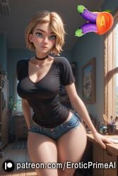 1girls ai_generated blonde_female blonde_hair blue_eyes eroticprimeai female gwen_stacy gwen_stacy_(spider-verse) jean_shorts jeans marvel marvel_comics patreon_username short_hair spider-man:_across_the_spider-verse spider-man:_into_the_spider-verse spider-man_(series) teenage_girl teenager topwear white_body