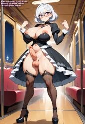 ai_generated big_breasts breasts chubby_gynomorph cute djxcarline erection futanari glasses nipples penis subway testicles train uncensored victorian white_hair