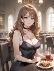 ai_generated bangs bare_arms bare_shoulders black_choker black_dress blue_eyes breasts brokewyt brown_hair chair choker cleavage closed_mouth collarbone cup dress drinking_glass earrings female food indoors jewelry large_breasts light_particles lips long_hair looking_at_viewer medium_breasts plate pokemon_xy pokemon_xy_(anime) serena_(pokemon) sitting sleeveless sleeveless_dress smile solo spaghetti_strap table wavy_hair window