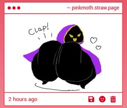 ass_clapping black_body clapping clapping_ass female female_focus female_only gold_trim happy heart_symbol hearts lewdmoth looking_back malice_(pinkmoth) onomatopoeia pinkmoth purple_hood purple_hoodie shortstack straw.page villain villainess yellow_eyelashes yellow_eyes