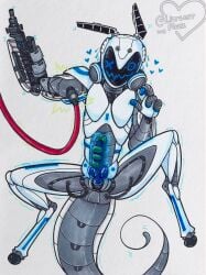 2023 4_fingers absurd_res anthro armor biped blue_markings blue_penis bodily_fluids c4sp3r cyberpunk detailed_armor electric_shock electricity electrostimulation erection fingers genitals glans glowing glowing_genitalia glowing_markings glowing_penis grey_body gun gun_arm heart_symbol hi_res knot knot_root littlestfuzz looking_pleasured machine male marker_(artwork) markings not_furry nubbed_penis penis ranged_weapon robot science_fiction screen screen_face shadowrun shaking simple_background smile solo speaker spread_legs spreading sweat tapering_tail throbbing throbbing_penis traditional_media_(artwork) trembling unusual_anatomy unusual_genitalia unusual_penis warforged weapon white_body wire x_eyes