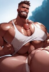 absolutbleu_(style) ai ai_generated bara bara_tiddies bara_tits big_breasts big_chest big_dick big_pecs big_penis brown_hair civitai erect erect_penis erection gay gay_paizuri huge_breasts huge_chest huge_cock huge_pecs male male/male male_paizuri penis_between_pecs