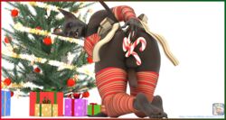 2017 3d 5_fingers 5_toes all_fours anal anal_sex anthro anubis azentaru_(r-a-s-p) balls black_skin border candy candy_cane candy_cane_insertion canine christmas christmas_present christmas_tree deity erection food hi_res holidays humanoid_penis improvised_sex_toy jackal looking_back male male_only mammal mostly_nude penetration penis r-a-s-p_(artist) rear_view simple_background solo toes tree url white_background yellow_eyes