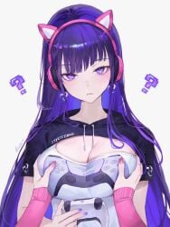 2d 2d_(artwork) bangs cat_ears cat_headphones confusion controller_shirt fondling fondling_breast genshin_impact large_breasts purple_eyes purple_hair qiandaiyiyu raiden_shogun touching_breast yae_miko yuri