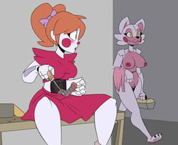 2girls animatronic anthro areola baby_(fnafsl) big_breasts blush breasts canine circus_baby circus_baby_(fnaf) clothed clothing comic duo exposed female female_only five_nights_at_freddy's fox funtime_foxy_(fnaf) funtime_foxy_(fnafsl) green_eyes humanoid jailbait_knight machine mammal multiple_girls nipples nude pussy robot screwdriver sister_location sitting table tools video_games