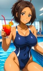 1girls ai_generated babe brown_hair cocktail female high_school high_school_student hikari_hazakura_(nande_koko_ni_sensei_ga!?) inviting nande_koko_ni_sensei_ga!? offering poolside practice smiling_at_viewer swimming_pool swimsuit tanned tanned_skin toongenai voluptuous voluptuous_female young