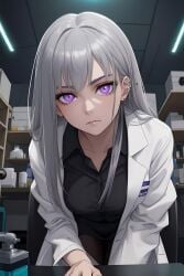 close_up dr.moon_scp evil_eyes labcoat leaning_forward menacing pov purple_eyes silver_hair soulless_eyes v-neck