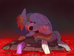 2024 4:3 alternate_universe avian black_background blood blue_body blue_fur bodily_fluids bone colored crying cupcakes_(mlp_fanfic) cutie_mark damaged_body digital_drawing_(artwork) digital_media_(artwork) english_description english_text equid equine female female_feral feral friendship_is_magic fur gilda_(mlp) gryphon hair hasbro hi_res holding_skull hooves horse mammal multicolored_hair multicolored_tail my_little_pony mythological_avian mythological_creature mythological_equine mythology pegasus pony rainbow_dash_(mlp) rainbow_hair rainbow_tail rock sad scar shaded shadow simple_background sinful_pie skull solo solo_focus tail teardrop tears text traditional_media_(artwork) wings wounded