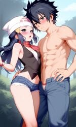 1boy1girl ai_generated black_hair couple crossover dawn_(pokemon) fairy_tail gray_fullbuster pokemon short_hair tagme