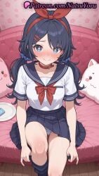 +_+ 1girls ai_generated animal_collar anime anime_style bangs bed belt_collar black_hair black_sailor_collar black_skirt black_socks blue_eyes blue_hair blue_panties blue_sailor_collar blue_scrunchie blue_skirt blush bow bow_hairband bowtie breasts bust busty choker closed_mouth collar collarbone condom_wrapper couch crazy_mita_(miside) female female_focus female_only hair_ornament hair_ribbon hair_scrunchie hairband hairbow hairclip hentai hi_res high_quality high_resolution highres indoors long_hair looking_at_viewer low_twintails medium_breasts miniskirt miside mita_(miside) natsuyoru neckerchief nose_blush on_couch panties pantsu pantyshot patreon pillow plate pleated_skirt red_bow red_bowtie red_choker red_collar red_hairband ribbon sailor_collar sailor_uniform school_uniform scrunchie serafuku shirt short_sleeves sitting skirt smile socks solo solo_female star-shaped_pupils star_(symbol) striped striped_clothes striped_panties stuffed_animal stuffed_cat stuffed_toy sweatdrop symbol-shaped_pupils thighs twintails underwear voluptuous voluptuous_female white_shirt