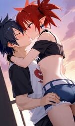 1boy1girl ai_generated black_hair couple disgaea etna fairy_tail gray_fullbuster red_eyes red_hair short_hair