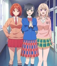 3girls black_hair hallway large_breasts long_hair looking_at_viewer medium_breasts plaid_skirt red_hair school_uniform short_hair standing