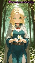 1girls ai_generated anime anime_style bangs belt blonde_hair blue_dress blush braid breasts brown_belt bust busty cape capelet choker cleavage cloak closed_mouth covered_navel cowboy_shot cupping_hands day delicious_in_dungeon dress dungeon_meshi elf elf_ears female female_focus female_only flower flowers forehead forest green_dress green_eyes grey_cape hair_over_shoulder hi_res high_quality high_resolution highres holding holding_flower hood hood_down hooded_cape hooded_capelet hooded_cloak long_hair long_sleeves looking_at_viewer marcille_donato medium_breasts natsuyoru nature non-asian outdoors pantyhose parted_bangs parted_hair patreon pelvic_curtain pointed_ears pointy_ears red_choker side_braid single_braid smile solo solo_female standing sunlight tree voluptuous voluptuous_female white_flower white_pants wide_sleeves