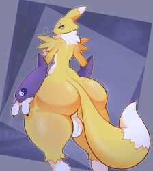 anthro armwear armwear_only ass backsack balls bandai_namco big_balls big_butt blue_eyes bridal_gauntlets bridal_gauntlets_only clothing digimon digimon_(species) dozighost femboy genitals hi_res huge_butt looking_back male mostly_nude renamon solo tail yin_yang