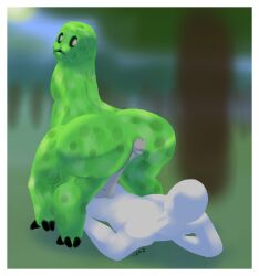 ambiguous_gender anonymous_male black_eyes c2d2 creeper faceless_male feral forest grass green_skin grey_skin hot_dogging human minecraft sky sun tree white_pupils