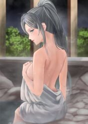 1girls back_view bathhouse breasts covered_nipples d4dj eurylena looking_at_viewer looking_back niijima_ibuki nude towel wet