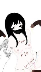 bbc-chan bbc4waifu bbc_slave black_hair dark-skinned_male drawing drawing_on_body gang_bang gangbang gangrape gangster gun gunpoint guro guroguro hostage mask mouth_mask naked_female red_body scared scared_expression small_breasts small_woman tape tied_up triple_penetration white_skin