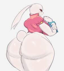 2023 alice_the_rabbit anthro anus ass beady_eyes big_breasts big_butt bloody_roar bottomless breasts clothed clothing cotton_tail female floppy_ears fur genitals gikowinko grey_background hi_res huge_butt konami lagomorph leporid looking_at_viewer looking_back looking_back_at_viewer lop_ears mammal pink_clothing pink_nose pink_topwear pussy rabbit rear_view red_eyes simple_background solo thick_thighs topwear whiskers white_body white_fur wide_hips