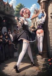 2girls ai_generated ass bondage girl maid punishment ram_(re:zero) re:zero_kara_hajimeru_isekai_seikatsu rem_(re:zero) sisters spank_marks spanking stockings