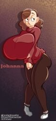 ass belly big_ass big_breasts bootlegjones breasts brown_hair cleavage hilda_(series) huge_breasts hyper hyper_breasts johanna_(hilda) large_ass large_breasts light-skinned_female light_skin milf netflix red_background red_sweater short_hair sweater