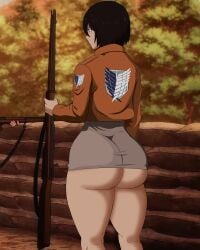 1girls ass attack_on_titan behind_view big_ass brown_hair edit female female_only mikasa_ackerman no_sex no_visible_genitalia outdoors outside short_hair short_skirt shotgun skirt solo solo_female tagme thick_thighs