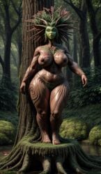 1girls ai_generated belly big_breasts bottom_heavy breasts brown_body brown_skin chubby chubby_female curvaceous curvy curvy_female curvy_figure dryad fantasy female female_only forest full_body green_eyes green_face green_hair hand_behind_head hips leaf_hair looking_at_viewer magnumdawn markings mythological_creature mythology nature nature_background nipples non-human outdoors plant pony_diffusion_xl shortstack skimpy skimpy_clothes solo solo_female stable_diffusion standing swamp thick thick_thighs thighs tree tree_girl tree_stump trees water wide_hips