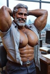 abs ai ai_generated bara bara_tiddies bara_tits big_breasts big_chest big_nipples big_pecs brown-skinned_male brown_nipples busty daddy dilf gray_hair male_focus muscular muscular_male older_male silverboy0018