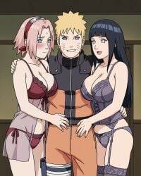 ai_generated cheating_girlfriend hyuuga_hinata imminent_sex imminent_threesome lingerie naruto sakura_haruno uzumaki_naruto