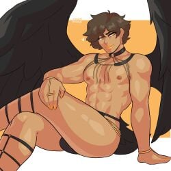 1boy black_wings brown_hair commission crossed_legs feathered_wings fit fit_male hi_res loggus_doggus looking_at_viewer male male_only narrowed_eyes orange_eyes orange_eyeshadow orange_lipstick sitting smiling smiling_at_viewer solo tan_skin wings