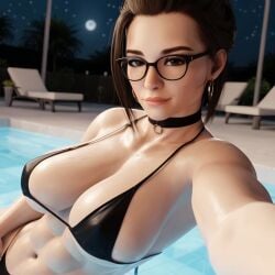 1girls 3d abs ai_generated big_ass big_breasts bikini brown_hair busty cassandra(oc) choker cleavage glasses medium_hair milf muscular_female pool poolside radnsad solo solo_female solo_focus swimsuit thick_thighs