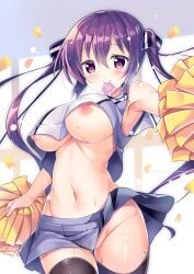 1girls belly breasts cheerleader condom condom_in_mouth gochuumon_wa_usagi_desu_ka? happy heart-shaped_pupils is_the_order_a_rabbit? kurou_(quadruple_zero) large_breasts long_hair no_bra no_panties pom_pom_(cheerleading) purple_hair pussy_juice tedeza_rize