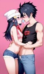 1boy1girl ai_generated black_hair couple crossover dawn_(pokemon) fairy_tail gray_fullbuster pokemon short_hair tagme