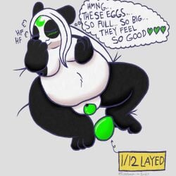 1:1 anthro bear black_body black_clitoris black_fur black_nipples black_nose blush breasts clitoris closed_eyes digital_media_(artwork) egg egg_from_pussy english_text female fur fur_markings genitals giant_panda green_eggs hair hand_on_breast lunarpanda8686 mammal markings mika_(lunarpanda8686) nipples nude obese overweight oviposition pussy round_ears simple_background slightly_chubby solo text text_box thought_bubble ursine white_body white_fur white_hair