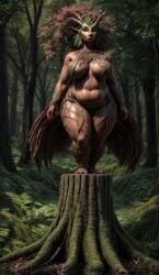 1girls ai_generated belly big_belly big_breasts breasts brown_body brown_skin chubby chubby_female curvaceous curvy curvy_female curvy_figure dryad fantasy fat fat_female female female_only forest full_body green_eyes green_hair hand_behind_head hips leaf_hair magnumdawn markings mythological_creature mythology nature nature_background nipples non-human outdoors overweight overweight_female plant pony_diffusion_xl red_hair shortstack skimpy skimpy_clothes solo solo_female stable_diffusion standing thick thick_thighs thighs tree tree_girl tree_stump trees wide_hips