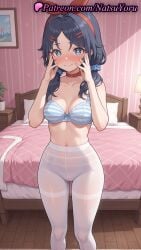 +_+ 1girls ai_generated anime anime_style ass_visible_through_thighs bangs bare_arms bare_shoulders bed bedroom belt_collar black_hair blue_bra blue_eyes blue_hair blue_nails blue_scrunchie blush bow bow_hairband bra breasts bust busty choker cleavage closed_mouth clothing collar collarbone crazy_mita_(miside) feet_out_of_frame female female_focus female_only female_solo hair_ornament hair_scrunchie hairband hairbow hairclip hands_on_own_cheeks hands_on_own_face hands_up heart-shaped_pupils hentai hi_res high-waist_pantyhose high_quality high_resolution highres indoors lamp long_hair looking_at_viewer low_twintails medium_breasts miside mita_(miside) natsuyoru navel nose_blush on_bed panties panties_under_pantyhose pantyhose parted_bangs patreon pillow plant potted_plant red_collar red_hairband scrunchie smile solo solo_female standing star-shaped_pupils star_(symbol) stomach striped striped_bra striped_clothes striped_panties symbol-shaped_pupils thighband_pantyhose twintails underwear voluptuous voluptuous_female white_bra white_pantyhose wooden_floor