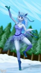 4k 9:16 absurd_res anthro anthro_only armwear blue_body blue_clothing blue_eyes blue_fur blue_hair breasts claws cleavage clitoris clothed clothing cloud dancing dress eeveelution eyeshadow female flowing_hair forest forest_background frozen fur generation_4_pokemon genitals glaceon green_body green_fur hair hi_res ice ice_skating legwear lipstick makeup nature nature_background nintendo nipple_outline no_underwear plant pokemon pokemon_(species) pussy scoutthecat02 skating smile snow solo sparkles sparkling_clothing translucent translucent_clothing tree