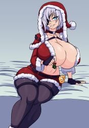 christmas cleavage eyepatch hyper_breasts tourin17 white_hair