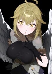 ahoge angel angel_wings big_breasts blonde_hair breasts ecstas_online forneus tight_clothing wings yellow_eyes