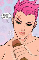 1girls 2d blizzard_entertainment cum dark-skinned_male dark_skin female green_eyes handjob interracial male overwatch pink_hair short_hair speech_bubble stickymon straight text zarya