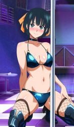 1girls black_bra black_panties blue_eyes blue_hair boots botan_nagatsuki cleavage crouching fishnets looking_at_viewer medium_breasts ribbon short_hair strip_club stripper stripper_pole