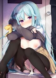 1boy after_sex aqua_eyes black_legwear black_sweater blush bra breasts cum cum_in_pussy cum_pool door female fingernails grey_skirt highres hinabita large_breasts long_hair looking_at_viewer miniskirt nipples pantyhose pink_bra pleated_skirt red_eyes shiika_yuno shinonome_kokona sitting skirt solo_focus sweat sweater torn_clothes torn_pantyhose underwear very_long_hair