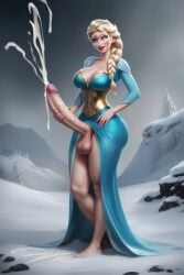 ai_generated balls big_ass big_breasts big_penis blonde_hair cum cumshot dick disney disney_princess elsa_(frozen) frozen_(film) futanari shadytree shemale snow