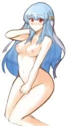 areolae bare_arms bare_legs bare_midriff bare_shoulders blue_hair blush breasts covering_crotch female fire_emblem fire_emblem:_the_blazing_blade headdress legs midriff naked ninian_(fire_emblem) nipples nude red_eyes solo thighs transparent_background tridisart