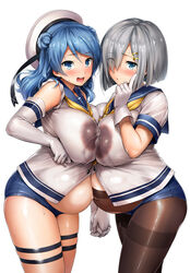 2girls :d bare_shoulders blue_eyes blue_hair blush breast_press breasts buruma clothing dark_nipples edit elbow_gloves female finger_to_face gloves hair_ornament hairclip hamakaze_(kantai_collection) hat high_resolution huge_breasts kantai_collection lactation lactation_through_clothes looking_at_viewer maternity_pantyhose multiple_girls navel nipples open_mouth pantyhose photoshop pregnant school_uniform see-through serafuku shinozuka_jouji short_hair silver_hair simple_background smile symmetrical_docking thick_thighs thighband_pantyhose thighs transparent_clothing urakaze_(kantai_collection) wet_shirt white_background white_gloves